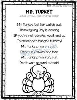 Mr. Turkey Thanksgiving Poem for Kids by Little Learning Corner | TPT