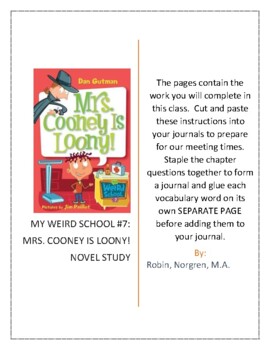 Preview of Mrs. Cooney is Loony Novel Study Journal Grade 2-4 Comprehension Vocab Art