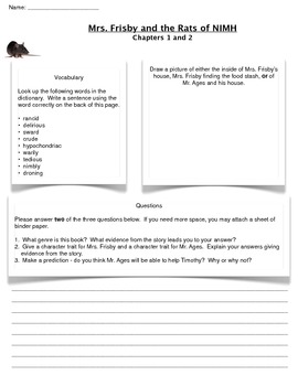 Mrs Frisby And The Rats Of Nimh Work Sheet Chapters 1 2 By Sara Quigley