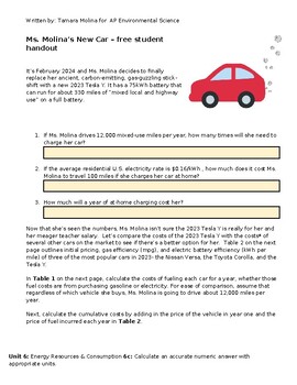 Preview of Ms. Molina's New Car FREE AP Environmental Science, Fuel Efficiency Calculations