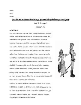 Preview of Much Ado About Nothing: Benedick Soliloquy Analysis Compare and Contrast Act 2