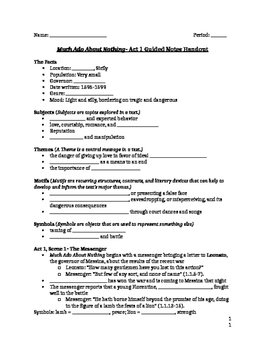 Preview of Much Ado About Nothing- Guided Notes Handouts on All 5 Acts