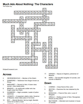 Much Ado About Nothing: The Characters crossword for high school