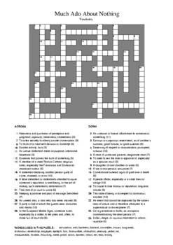 Much Ado About Nothing Vocabulary Crossword Puzzle by M Walsh TPT