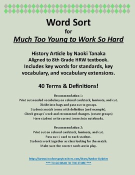 Preview of Much Too Young to Work So Hard Vocabulary Word Sort