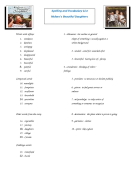 Preview of Mufaro's Beautiful Daughters Spelling & Vocabulary List & Activities