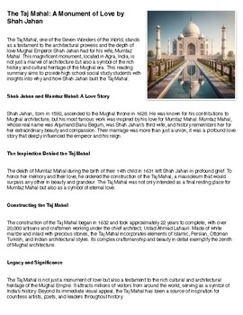 Preview of Mughal Emperor Shah Jahan building the Taj Mahal Reading Summary and Questions