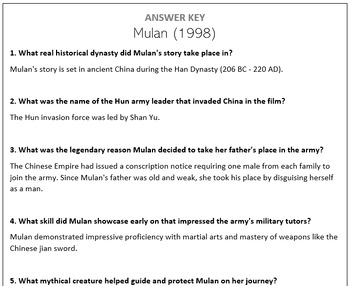 Preview of Mulan (1998) - Movie Questions - 2 Sets - 5th and 9th Grade