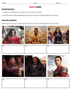 Preview of Mulan 2020 Movie Guide Questions in ENGLISH. Digital, PDF and Word versions