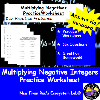 Preview of Muli-Step Multiplication w/Negative Integer 50Q Worksheet *Editable w/Answer Key