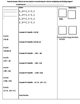 Preview of Mult. & Dividing Integers Cornell Notes (7.NS.2; Math. Practices: 1,3,4,8)