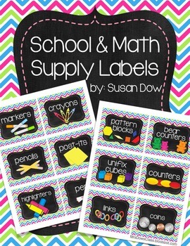 Preview of Multi Chevron & Chalkboard School & Math Bins Supply Labels