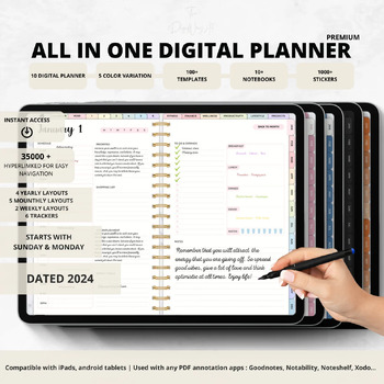 Preview of Multi-Color Bundle Dated 2024 Digital Planner All-in-One Daily Weekly Monthly