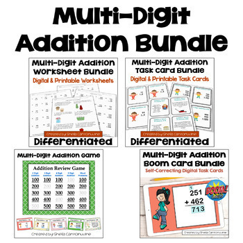 Preview of Multi-Digit Addition Bundle with Worksheets, Task Cards, Game & Boom Cards