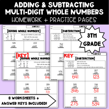 Preview of Multi-Digit Addition Subtraction Homework Packet | 3rd Grade Math