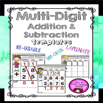 Preview of Multi-Digit Addition/Subtraction Re-Usable Dry-Erase Templates