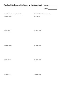 Preview of Multi-Digit Decimal Division Containing Zeros in the Quotient