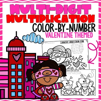 Preview of Multi-Digit Multiplication Color-By-Number | Valentine Themed