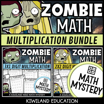 Preview of Multi-Digit Multiplication Mini Math Mystery Worksheets Zombies Detective Bundle