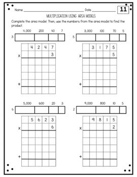 Multi Digit Multiplication Practice With Area Models Fourth Grade