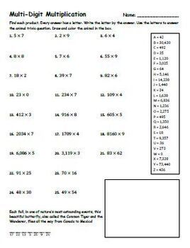 multi digit multiplication riddle color worksheet 3 versions by eric olsen