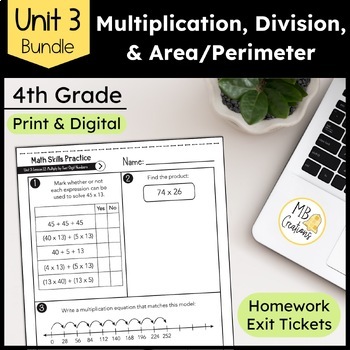 Preview of Multi-Digit Operations, Area & Perimeter Unit 3 4th Grade iReady Math Worksheets