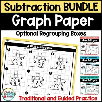 Preview of Multi-Digit Subtraction Practice Worksheets on Graph Paper Grids BUNDLE