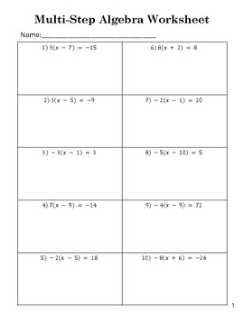 Preview of Multi-Step Algebra Worksheets - 4 worksheets - 10 problems each - Set 2