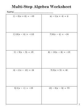 Preview of Multi-Step Algebra Worksheets - 4 worksheets - 10 problems each - Set 3