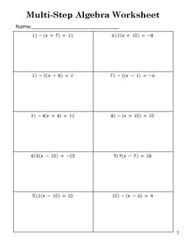 Preview of Multi-Step Algebra Worksheets - 4 worksheets - 10 problems each Set 4