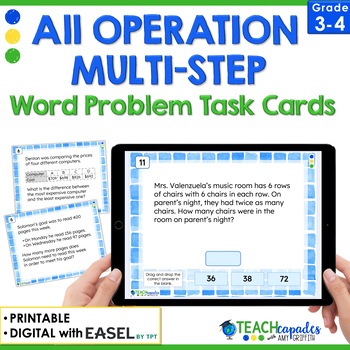Preview of Multi-Step Word Problems Task Cards - All Operations - TEKS 3.4A & 3.4K - Easel