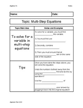 Preview of Multi-Step Equation Guided Notes