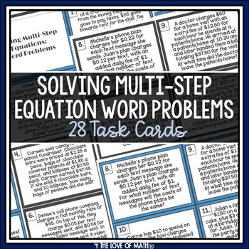 Preview of Solving Multi Step Equations Word Problem Activity: Task Cards