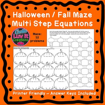 Preview of Halloween Math Solving Equations Multi Step Equations Maze Fall Math