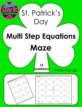 Preview of Solving Multi Step Equations Math Maze St. Patrick's Day Math Activity