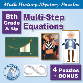 Preview of Multi-Step Equations: 4 Math-History PDF Mini Lessons + BONUS Gr 8 & Up