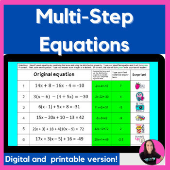 Preview of Multi-Step Equations Activity - Variable on One Side Digital & Printable