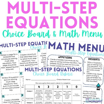 Preview of Multi-Step Equations Choice Board and Math Menu