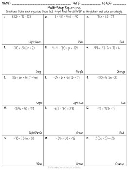 Multi-Step Equations Variables on One Side Color By Number Easter Activity