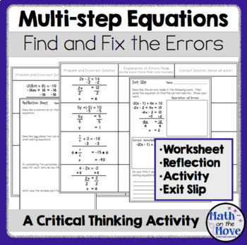 Preview of Multi-Step Equations - Find and Fix the Errors - Worksheet, Activity, Exit Slip