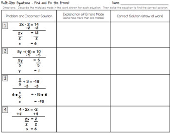 Multi Step Equations Find And Fix The Errors Worksheet Activity