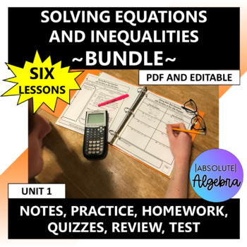 Preview of Multi Step Equations Inequalities Curriculum Bundle Editable Notes Homework U1