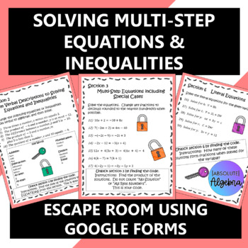 Preview of Multi Step Equations Inequalities Digital Escape Room
