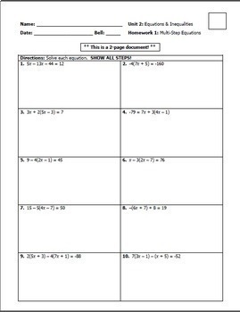 unit 2 equations and inequalities homework 1 multi step equations