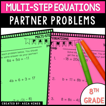 Preview of Solving Multi Step Equations Worksheet Partner Problems Activity