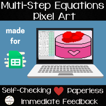 Preview of Multi Step Equations Pixel Art - Digital Math Activity - Valentine's Day Themed