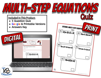 Preview of Multi-Step Equations Quiz - Digital & Printable Assessment