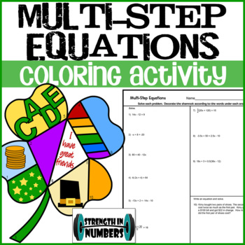 Preview of Multi-Step Equations St. Patrick's Day Personalized Shamrock Coloring Activity