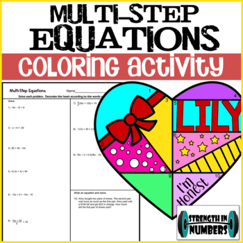 Preview of Multi-Step Equations Valentine's Day Personalized Heart Coloring Activity