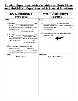 Preview of Multi-Step Equations (Variables on Both Sides) with Special Solutions NOTES